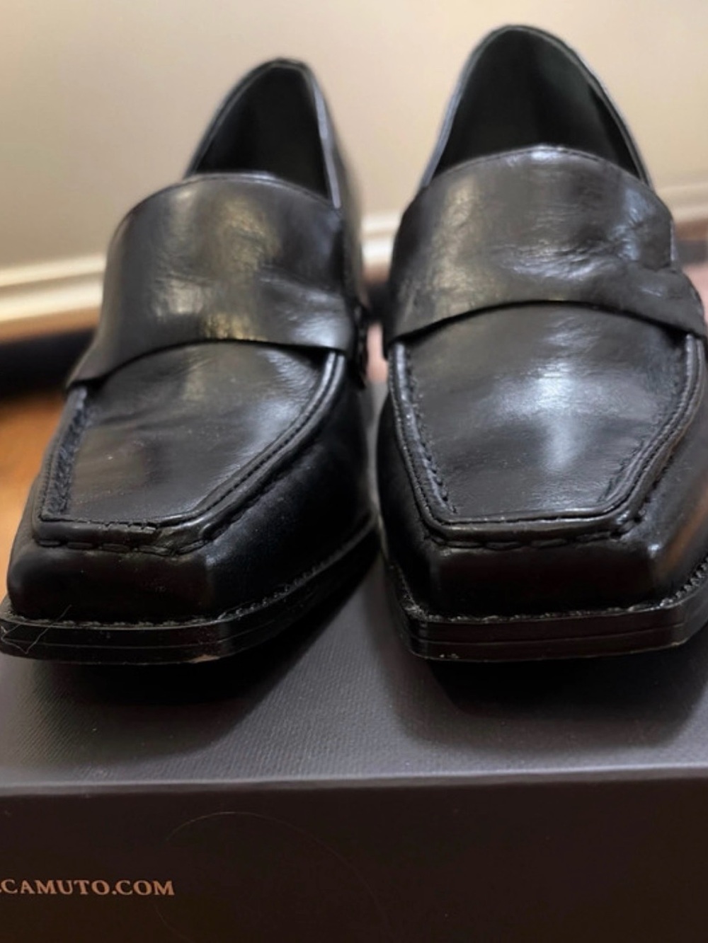 Vince Camuto Black Leather Square-Toe Slip-On Loafers - Picture 3 of 5